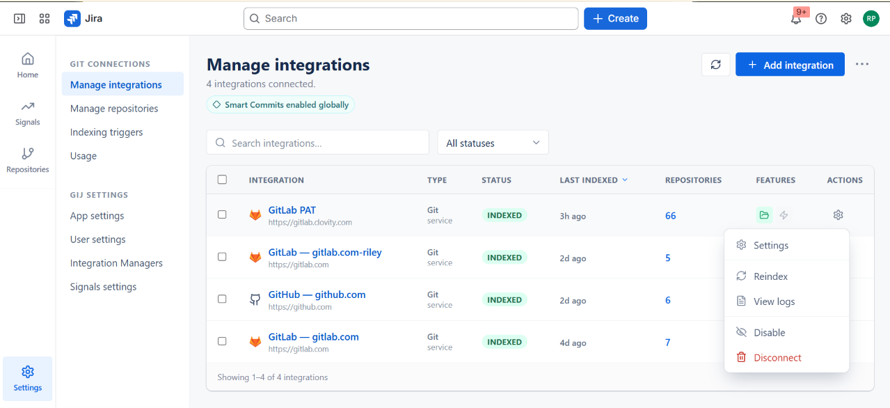 GitConnect for Jira - Manage Integrations screen listing connected GitHub and GitLab integrations
