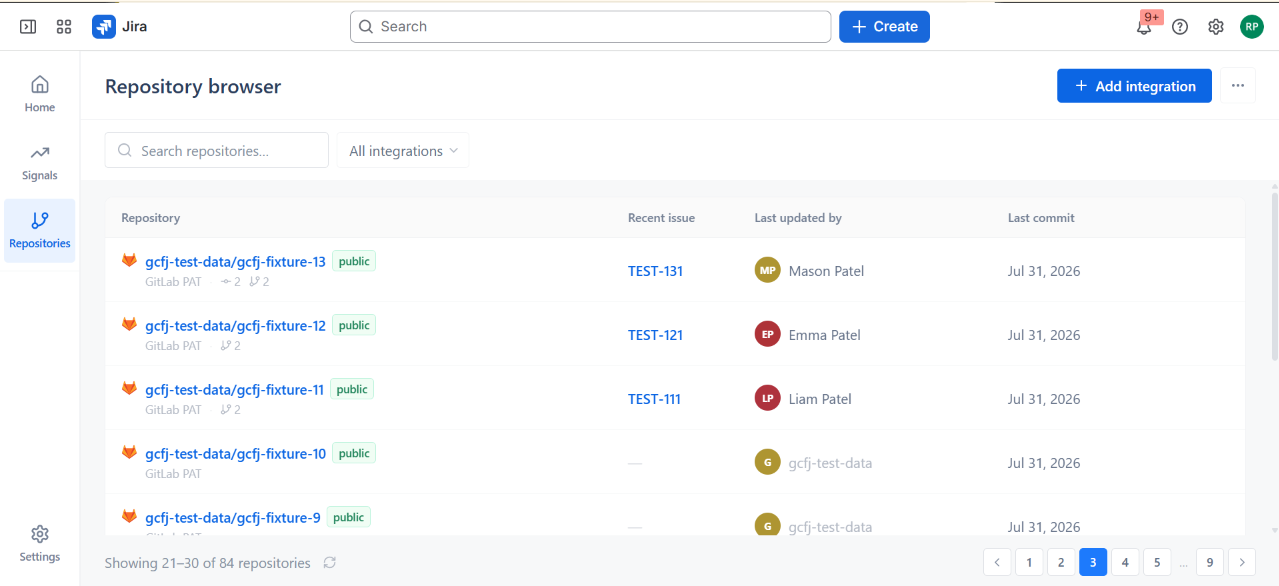 GitConnect for Jira - Repository Browser listing all connected repositories across integrations