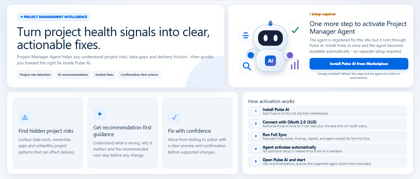 Project Manager Agent Setup required screen with an Install Pulse AI from Marketplace button