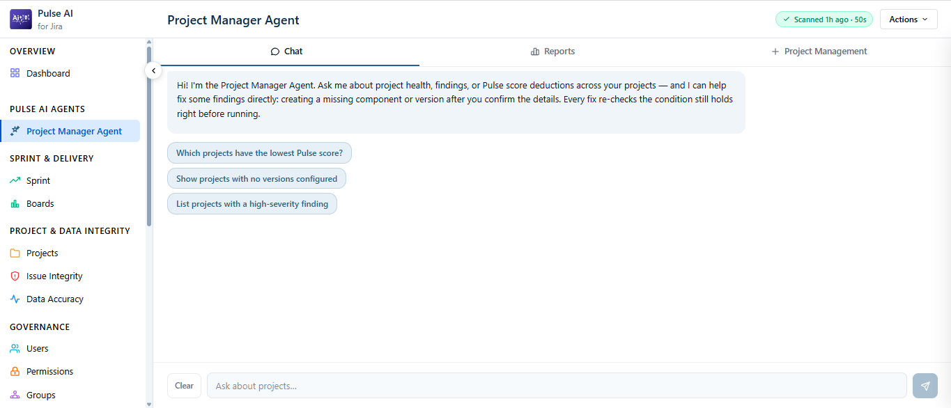 Project Manager Agent inside Pulse AI, showing Chat, Reports, and Project Management tabs with suggested prompts