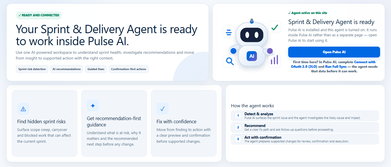 Sprint & Delivery Agent status screen showing Ready and Connected, with an Open Pulse AI button