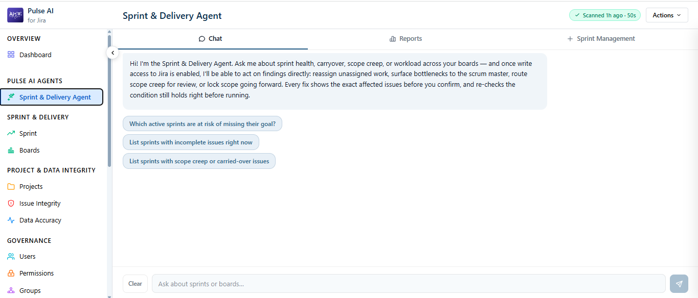 Sprint & Delivery Agent inside Pulse AI, showing Chat, Reports, and Sprint Management tabs with suggested prompts