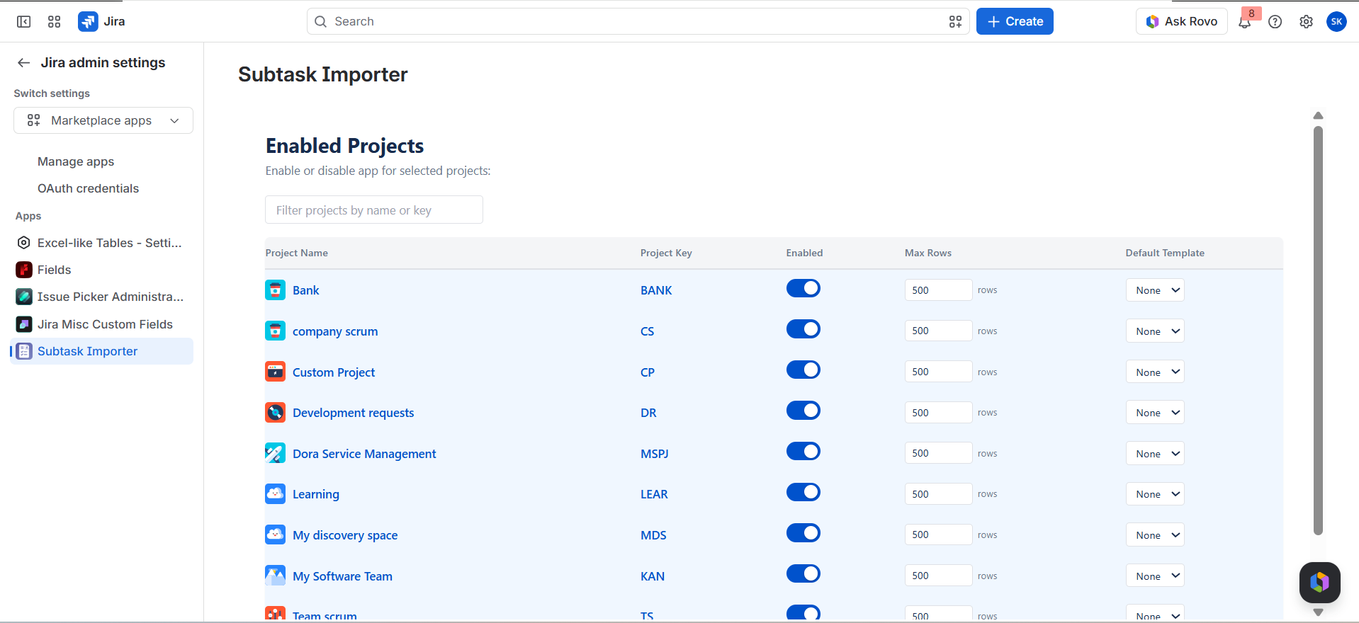 Subtask Importer admin page listing projects with Enabled toggle, Max Rows, and Default Template columns